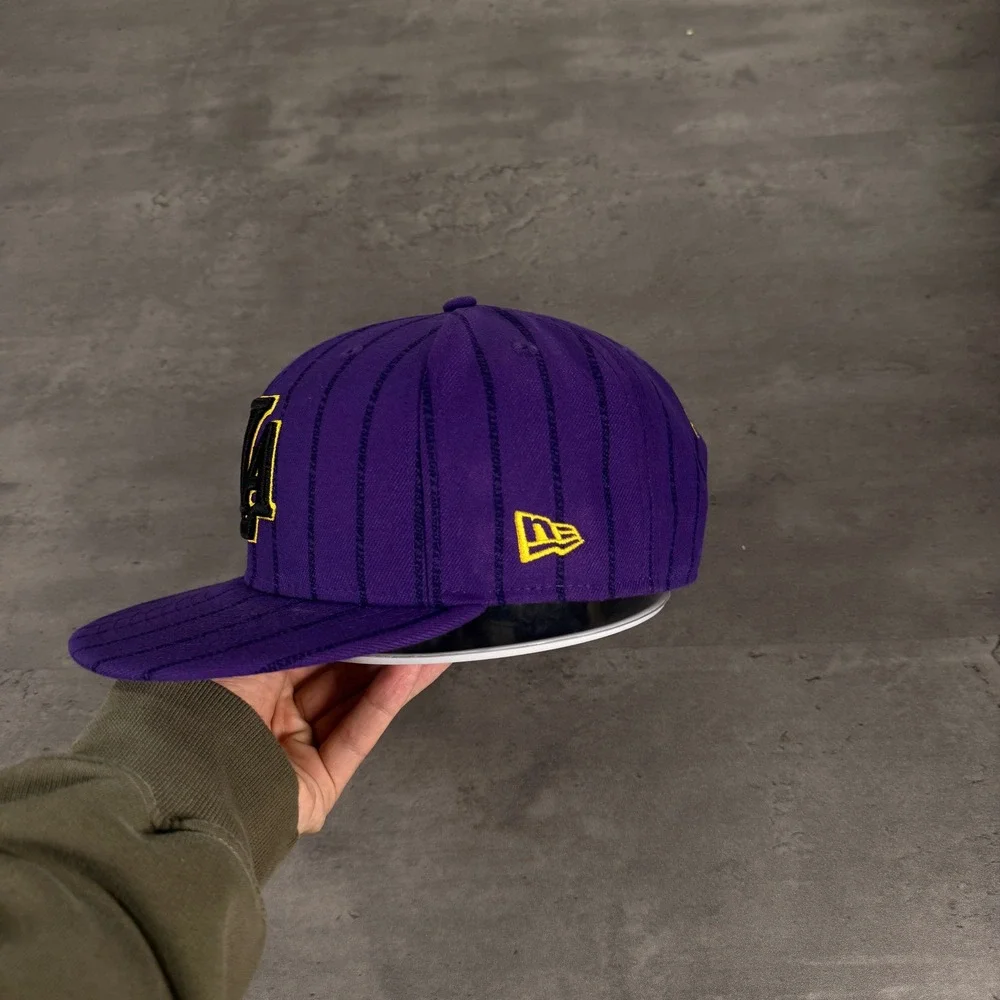 New Era LA Lakers Snapback Hat Purple Pinstripe Black Gold Alternate Cap NBA